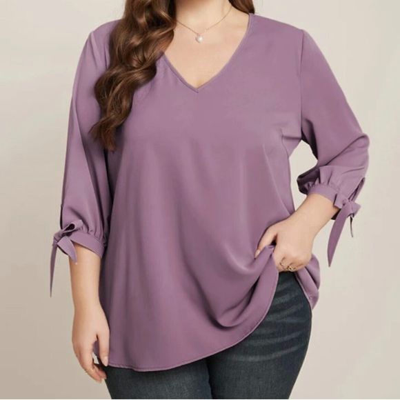 Bloomchic Top Womens Plus 2X 18 20 Blue V Neck tie bow 3/4 Sleeve casual Blouse - Picture 15 of 15